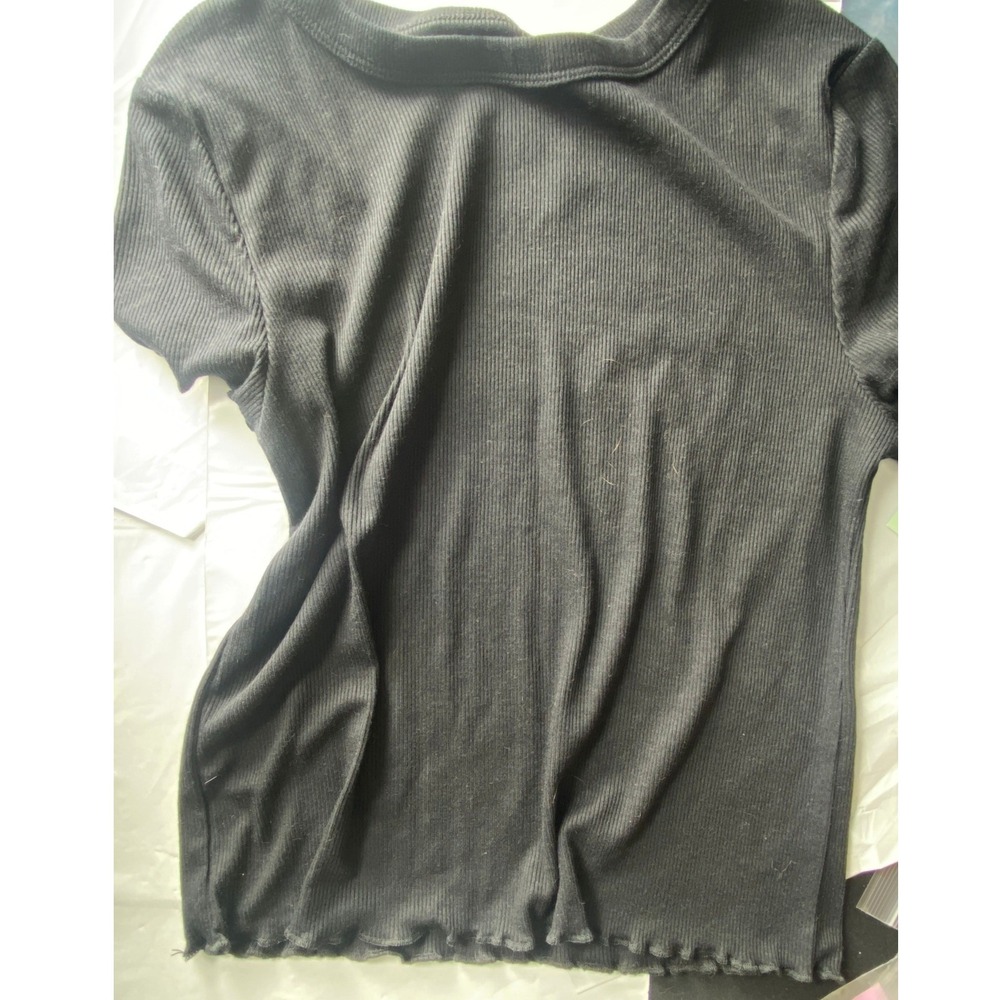 Rebel Sky Womens Black Ribbed Lettuce Hem‎ Short Sleeve Top Size M